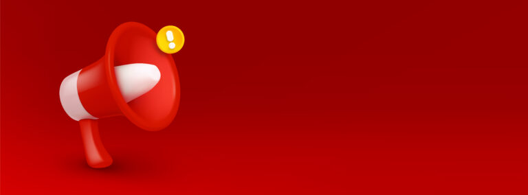 Loudspeaker, megaphone on red background with a yellow exclamation mark.