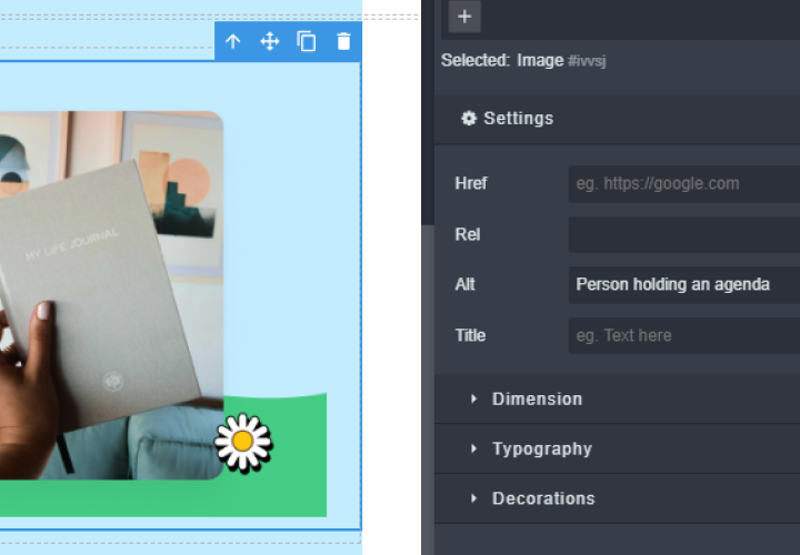 GrapeJS Email editor interface highlighting an image of a person holding a journal, with the alt text field set to 'Person holding an agenda'.