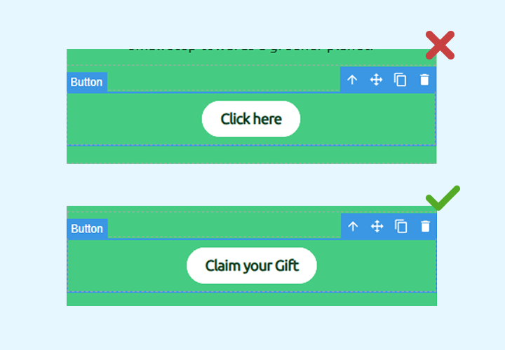 Comparison between two email buttons: one incorrectly labelled 'Click here' with a red cross, and another correctly labelled 'Claim your Gift' with a green tick.