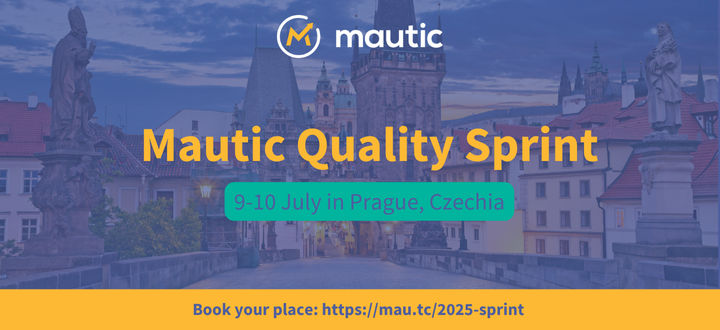 Photo of downtown prague from the charles bridge with Mautic logo at the top, Mautic Quality Sprint in yellow and 9-10 July 2025 in Prague Czechia in green with a link to book tickets at https://mau.tc/2025-sprint.