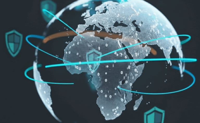 A digital rendering of a globe with a prominent shield symbol centered over Africa. The globe is encircled by glowing blue and orange lines, and several other shields are visible in the background.