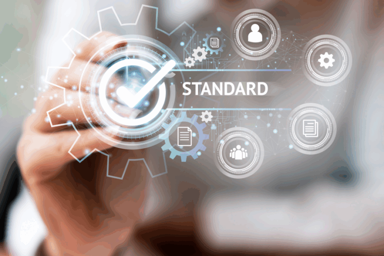 Hand pointing at a digital interface with a checkmark icon and the word 'Standard,' surrounded by technology and compliance-related icons.