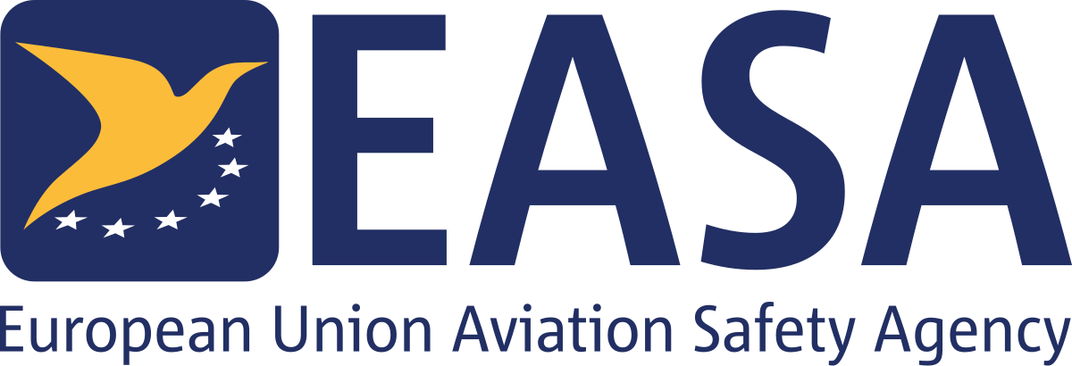 European Aviation Safety Agency logo - a blue rounded corner square with a yellow bird in flight which has six white stars circling it below. The letters EASA show on the right in large font, with European Aviation Safety Agency below in smaller font.