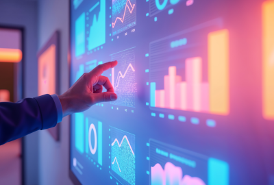 An image of a person pointing towards an analytic dashboard with graphs and bar charts