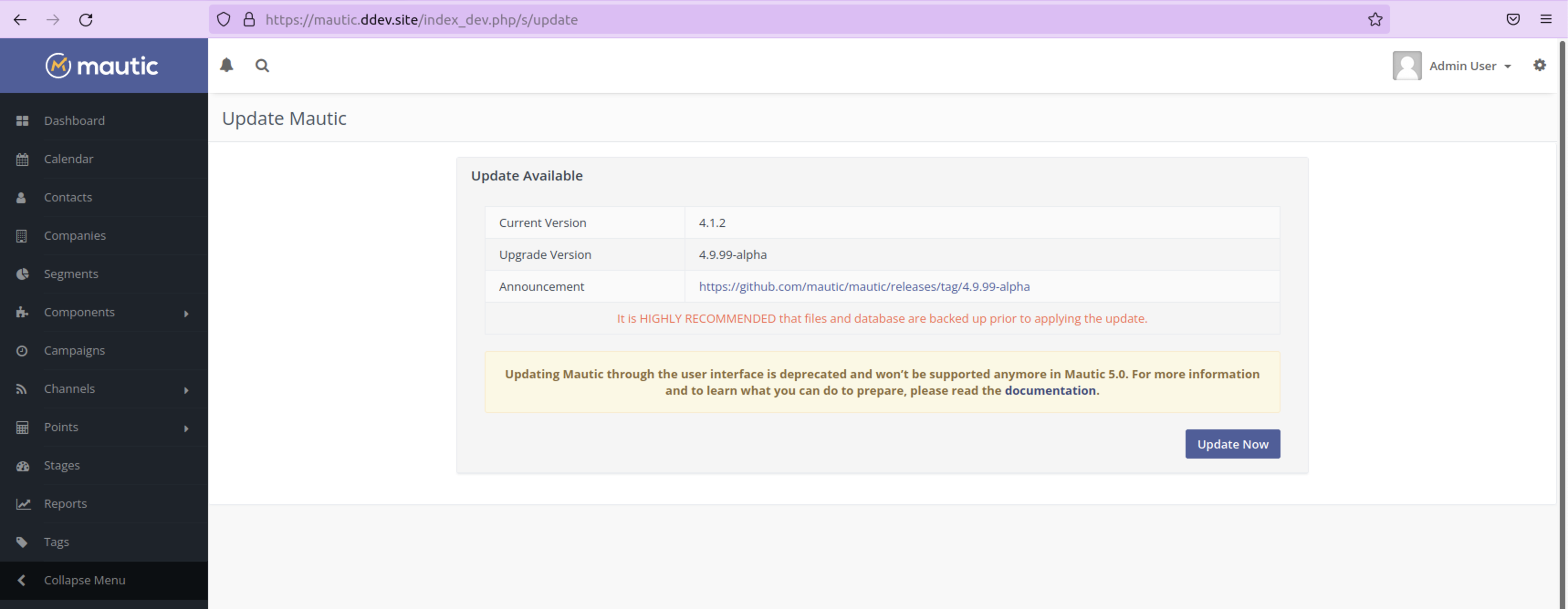 Important changes to the Mautic install and upgrade process 1 A screenshot of the update screen with a warning that UI-based updates are going to be deprecated in Mautic 5